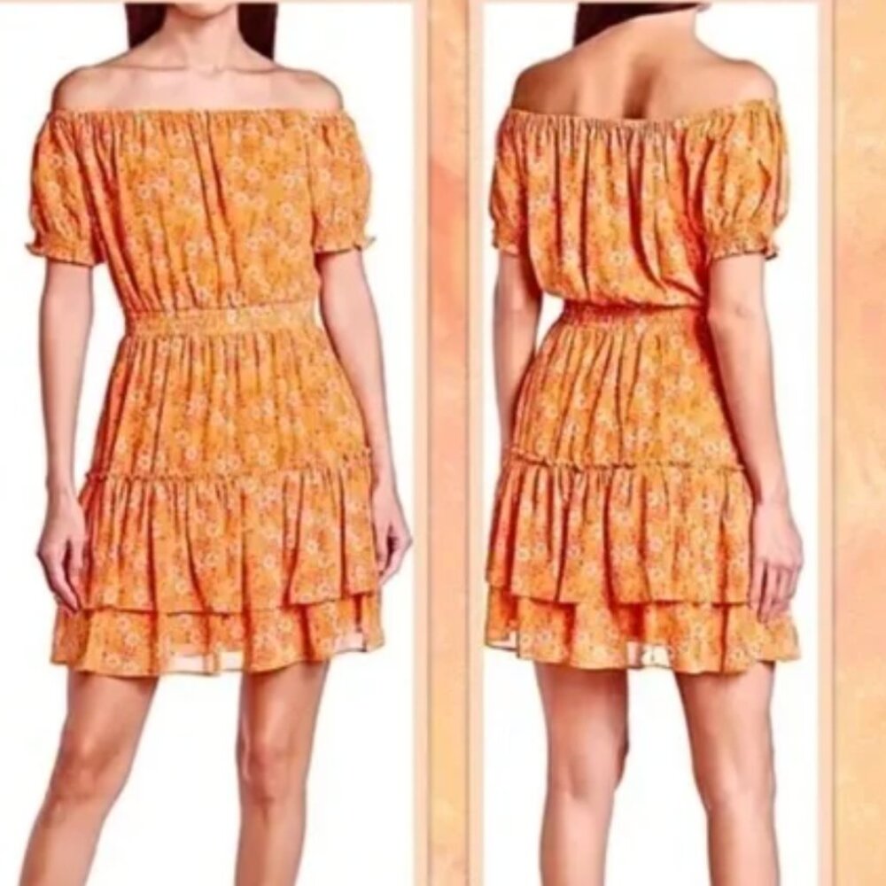 WAYF Orange Floral Off-Shoulder Tiered Mini Dress
